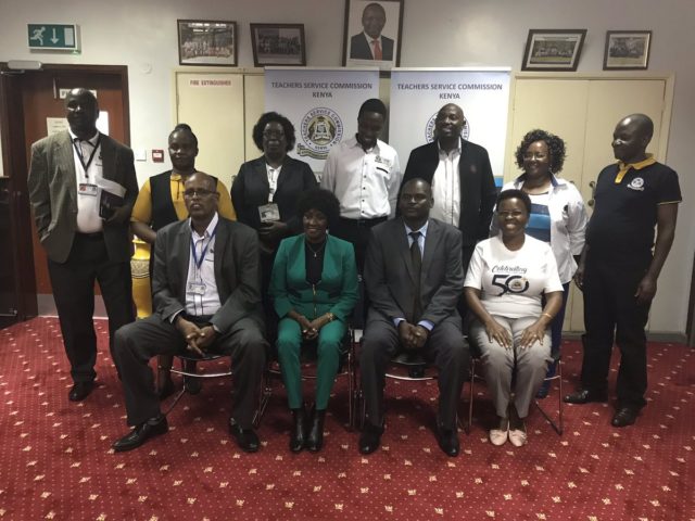 Mr. Eric Ademba, second right, winner of the 2019 edition of the African Union Continental Teacher Award is congratulated by the TSC Secretariat . Photo/ File. Mr. Eric Ademba, second right, winner of the 2019 edition of the African Union Continental Teacher Award is congratulated by the TSC Secretariat . Photo/ File.